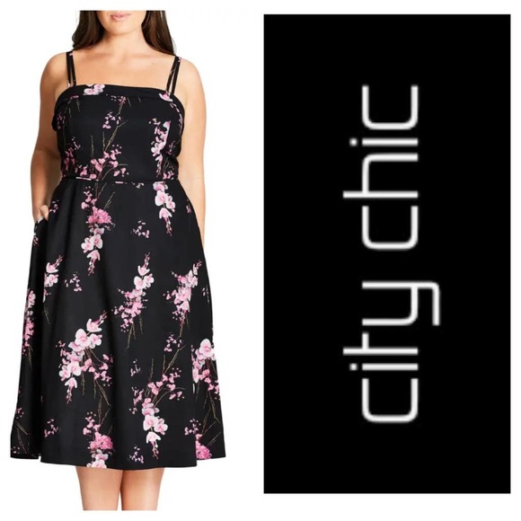 City Chic Orchid Midi Pocket Black Floral Dress - Picture 13 of 13